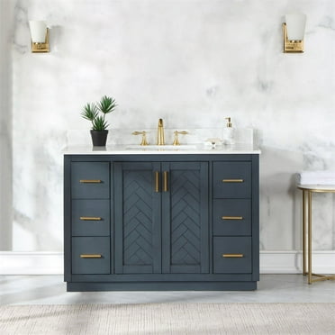 Gazsi 48" Single Bathroom Vanity Set in Charcoal Blue with Grain White Composite Stone Countertop without Mirror