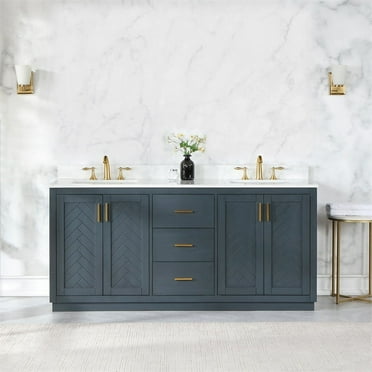 Gazsi 72" Double Bathroom Vanity Set in Charcoal Blue with Grain White Composite Stone Countertop without Mirror