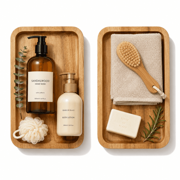 Gbaoneng 2 Pack Peach Wood Tray Organizer, 9in x 5.1in Solid Wood Vanity Tray for Bathroom Counter and Kitchen, Natural Finish