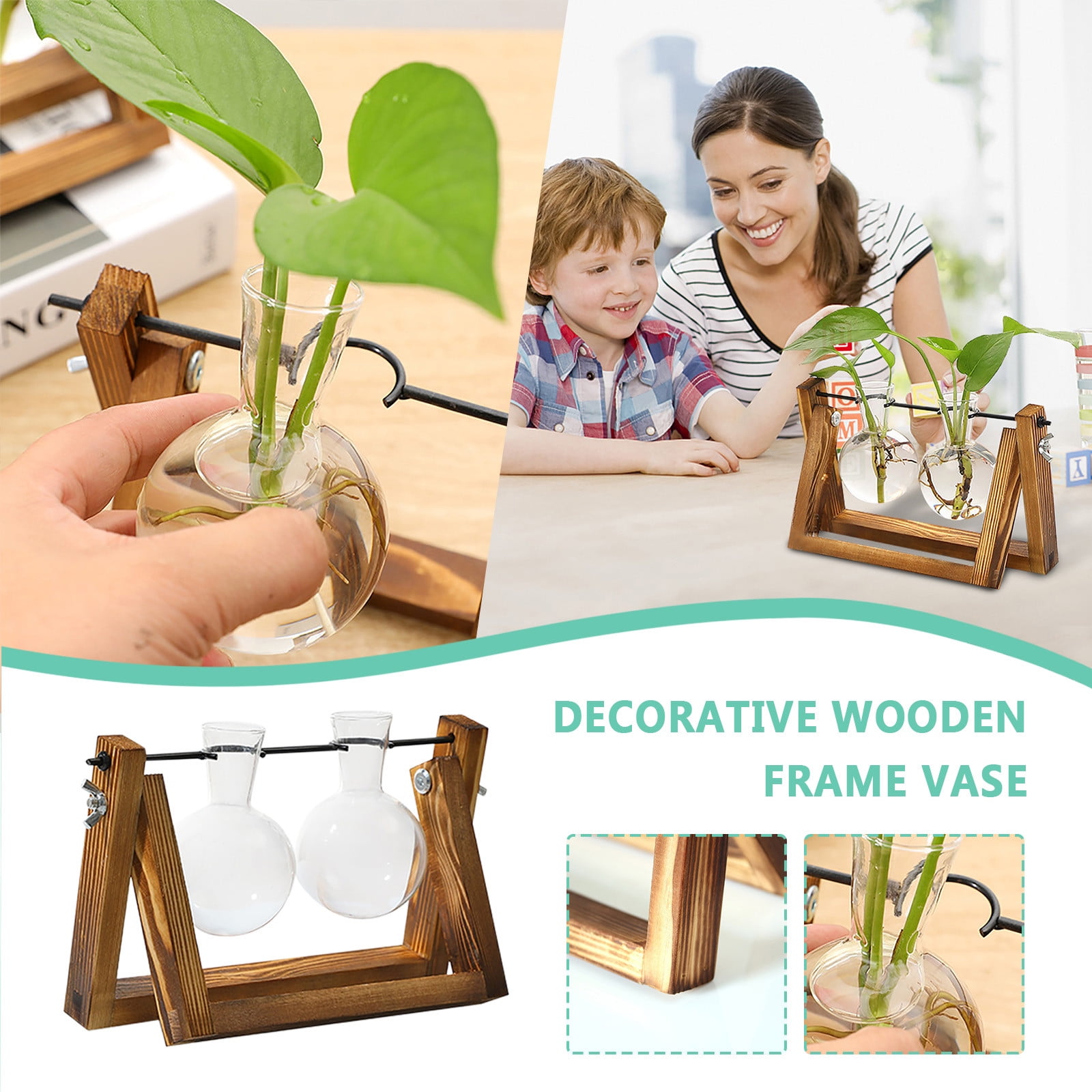 Gbayxj Flower Pots Desktop Glass Planter Bulb Vase Retro Solid Wooden