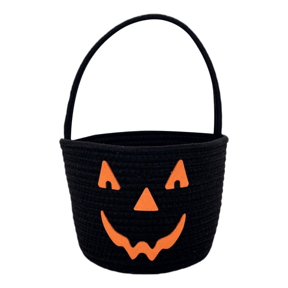 Gbobgt Halloween Cute Cotton Rope Baskets for Kids, Woven Cotton Rope Pumpkin Basket, Trick Or Treat Bag, Reusable Halloween Candy Bucket, Halloween Party Decorations, Black
