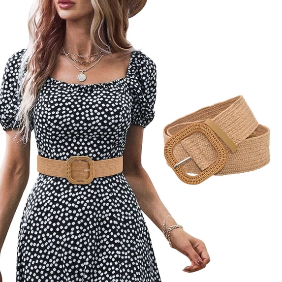 Gbobgt Women's Straw Woven Elastic Waist Belt Lightweight Adjustable Decorative Belt for Dresses Casual Wear Beige