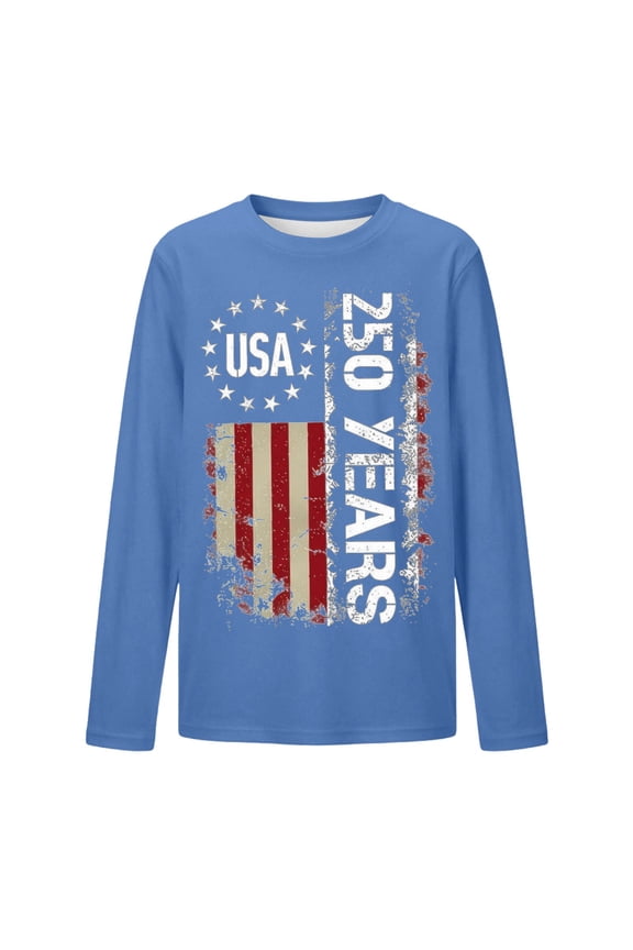 Boys 4Th Of July Shirts Crew Neck Long Sleeve Letter Number Print Independence Day Soft Festival 250Th Anniversary USA Shirt For Boys Blue Size 7-8 Years