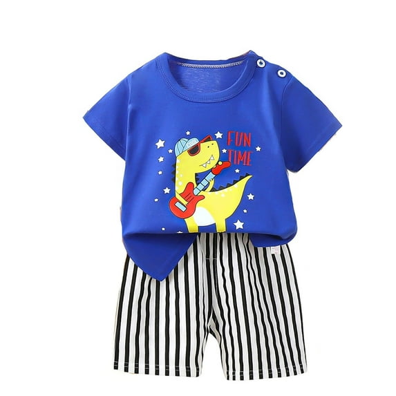 Gbsyewxs Boys Outfit Set 2 Piece Crew Neck Short Sleeve Striped Cartoon Print Tops And Shorts Set Loungewear Summer Boys Clothes Blue Size 4-5 Years