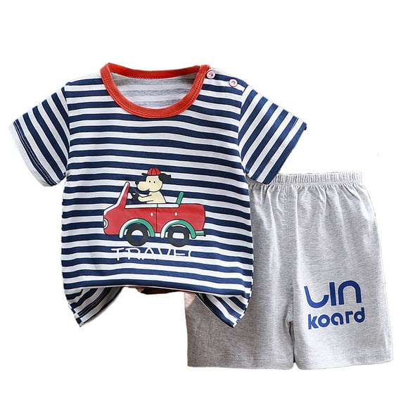 Gbsyewxs Boys Outfit Set 2 Piece Crew Neck Short Sleeve Striped Cartoon Print Tops And Shorts Set Soft Summer Boys Clothes Grey Size 4-5 Years