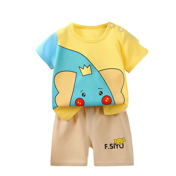 Gbsyewxs Boys Outfit Set 2 Piece Crew Neck Short Sleeve Striped Cartoon Print Tops And Shorts Set Loungewear Summer Boys Clothes Yellow Size 3-4 Years