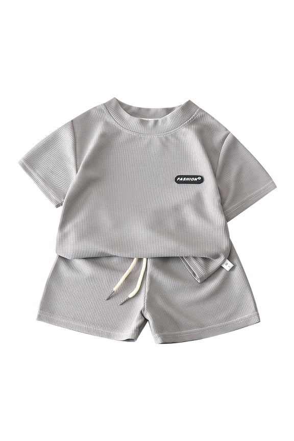 Boys Outfit Set 2 Piece Crew Neck Short Sleeve Tops And Shorts Breathable Loose Summer Boys Clothes Size 3-4 Years Grey