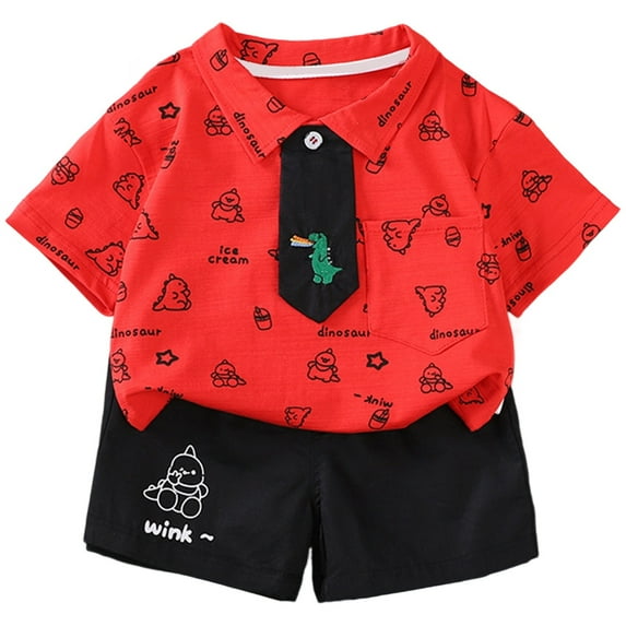 Gbsyewxs Boys Outfits Lapel Short Sleeve Tops And Shorts With Tie Cartoon Print Casual Summer Boys Clothes Set Red Size 5-6 Years
