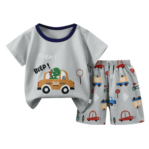 Gbsyewxs Boys Outfits Sets 2 Piece Crew Neck Short Sleeve Dinosaur Print Tops And Striped Shorts Loose Summer Toddler Outfits Grey Size 5-6 Years
