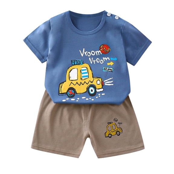 Gbsyewxs Boys Outfits Sets 2 Piece Crew Neck Short Sleeve Tops And Shorts Cartoon Print Soft Summer Toddler Outfits Blue Size 18-24 Months