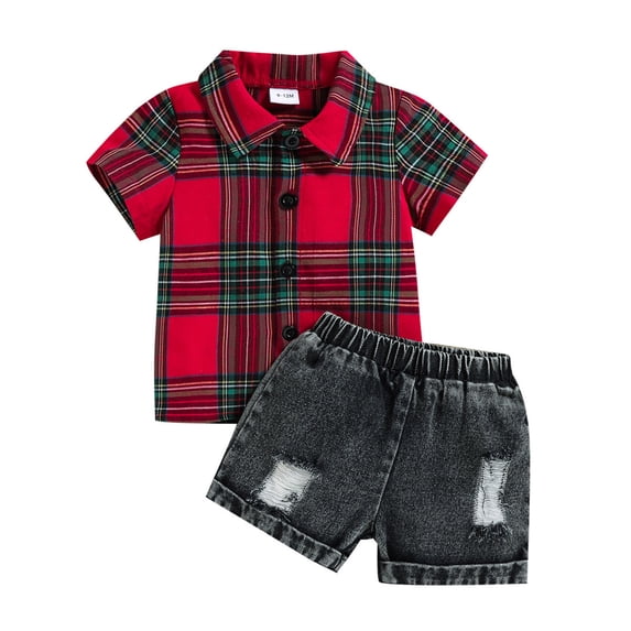 Gbsyewxs Boys Outfits Sets 2 Piece Lapel Short Sleeve Tops And Shorts Plaid Print Fashion Summer Toddler Outfits Red Size 9-12 Months