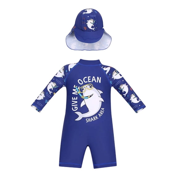Gbsyewxs Boys Swimsuit 2 Piece Set Crew Neck Long Sleeve Cartoon Print One-Piece Rashguard With Cap Quick Drying Beach Summer Toddler Bathing Suit Dark Blue Size 18-24 Months
