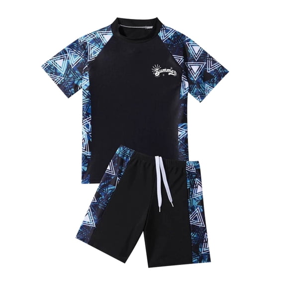 Gbsyewxs Boys Swimsuit Set 2 Piece Crew Neck Short Sleeve Printed Drawstring Shorts And Top Quick Drying Holiday Summer Swimsuits For Boys Blue Size 7-8 Years