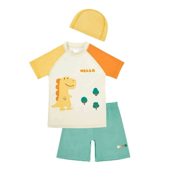 Gbsyewxs Boys Swimsuit Set 3 Piece Crew Neck Short Sleeve Cartoon Print Shorts And Top Set With Cap Soft Holiday Summer Swimsuits For Boys Yellow Size 4-5 Years