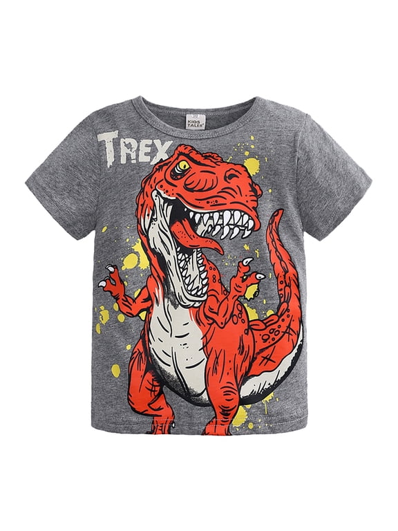 Boys Tshirts Short Sleeve Crew Neck Dinosaur Print Soft Summer Shirts For Kids Grey Size 6-7 Years