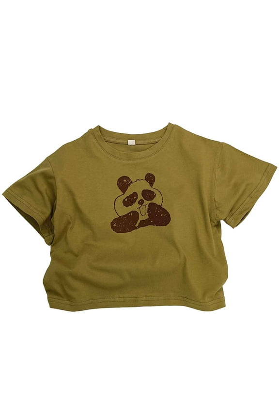 Childrens Shirts Short Sleeve Crew Neck Panda Print Loose Summer Toddler Boys Girls Outfits Army Green Size 2-3 Years