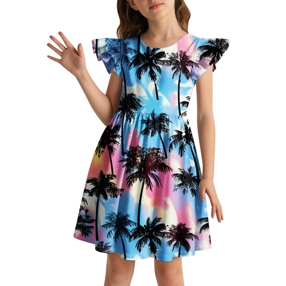 Gbsyewxs Dress For Girls Crew Neck Flutter Sleeve Hawaiian Print Elegant Summer Kids Dresses White Size 3-4 Years