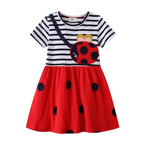 Gbsyewxs Dress For Girls Crew Neck Short Sleeve Plaid Polka Dot Print Casual Summer Kids Dresses Red Size 5-6 Years