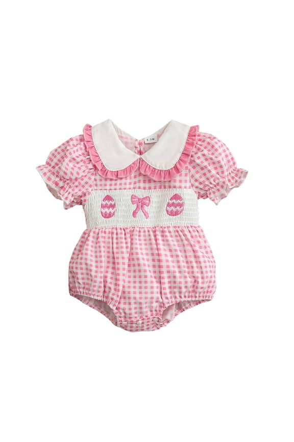 Easter Baby Girls Romper Short Puff Sleeve Egg Polka Print Collar Button Comfortable Spring Kids Onesie Pink Size 6-12 Months