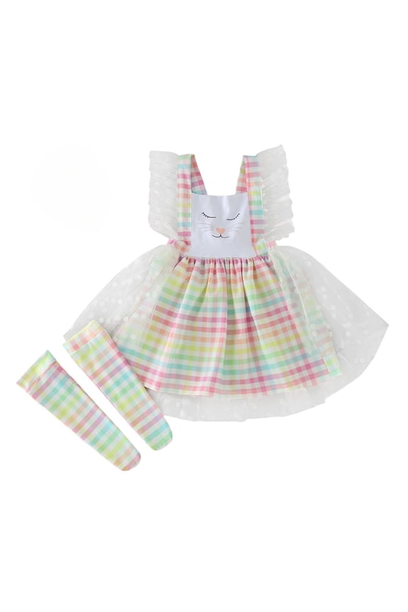 Easter Dress For Girls Square Neck Flutter Sleeve Plaid Print Patchwork Elegant Midi Tutu Party Toddler Girls Dresses Pink Size 3-4 Years