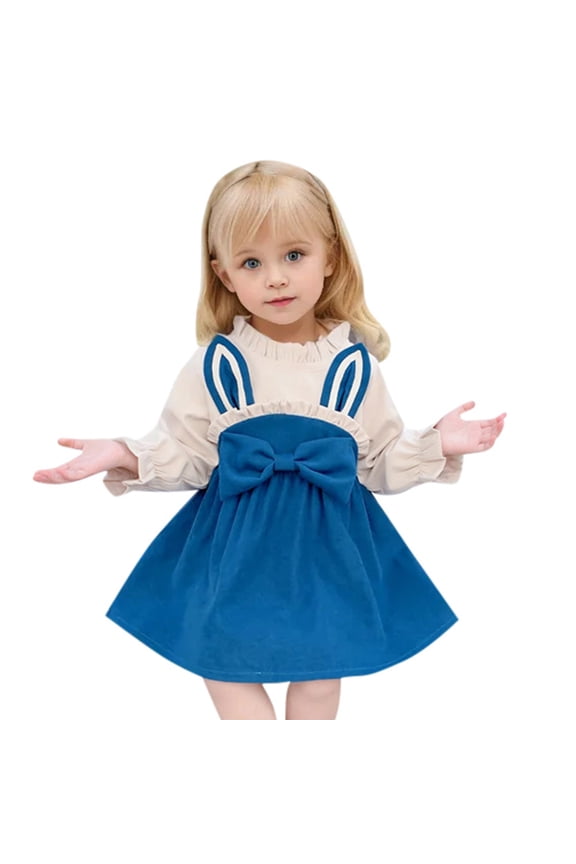 Easter Girls Dress Crew Neck Long Puff Sleeve Patchwork Bow Casual Midi Dresses For Toddler Girls Blue Size 120/Xxl