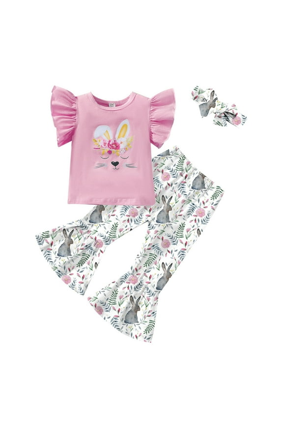 Easter Outfit For Girls Flare Sleeve Crew Neck Tops And Pants Bunny Floral Print With Butterfly Headband Kids Clothes Set Pink Size 18-24 Months