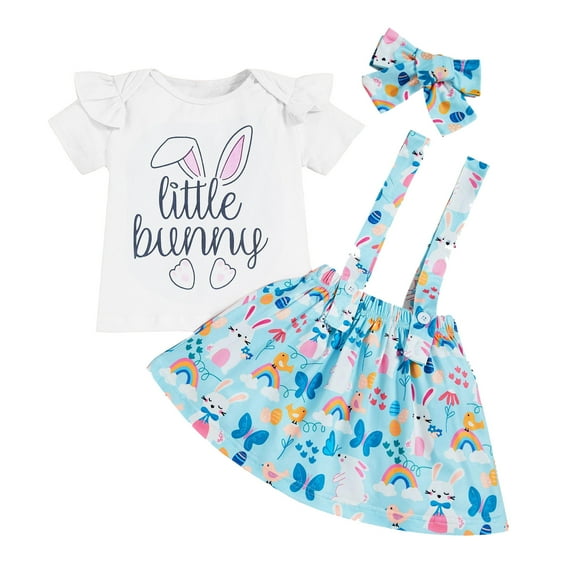 Gbsyewxs Easter Outfit For Girls Short Sleeve Crew Neck Tops And Rabbit Cartoon Print Strap Skirt 2 Piece Bow Kids Clothes Set Light Blue Size 2-3 Years