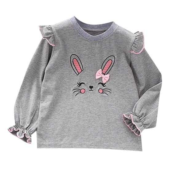 Gbsyewxs Easter Tops For Girls Crew Neck Short Sleeve Ruffle Bunny Print Spring Casual Kids Tees Grey Size 5-6 Years