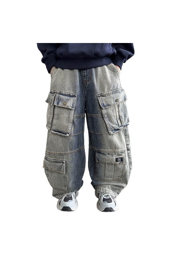 Fall Denim Pants For Boys Elastic Waist Pull On Wide Leg Boys Cargo Jeans With Pockets Loose Fit Fashion Kids Pants Size 13-16 Years Blue