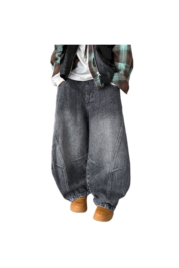 Fall Denim Pants For Boys Elastic Waist Pull On Wide Leg Boys Jeans With Pockets Loose Fit Fashion Kids Pants Size 6-7 Years Grey