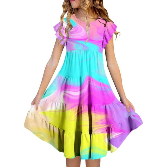 Gbsyewxs Girls Dresses Crew Neck Flutter Sleeve Tie Dye Fashion Midi Summer Dresses For Kids Green Size 6-7 Years