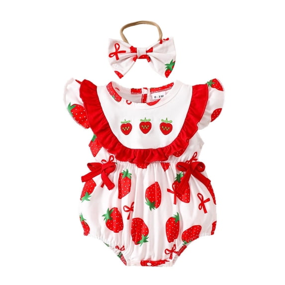Gbsyewxs Girls Jumpsuit Crew Neck Flutter Sleeve Strawberry Print Romper With Headband Soft Summer Toddler Onesie Red Size 6-12 Months