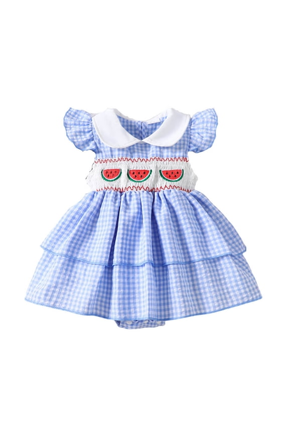 Girls Jumpsuit Lapel Flutter Sleeve Ruffle Watermelon Print Tutu Plaid Romper Casual Summer Toddler Onesie Blue Size 3-6 Months