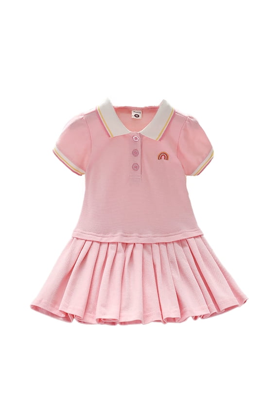 Girls Jumpsuit Lapel Short Sleeve Rainbow Print Pleated Romper Casual Summer Toddler Onesie Pink Size 4-5 Years