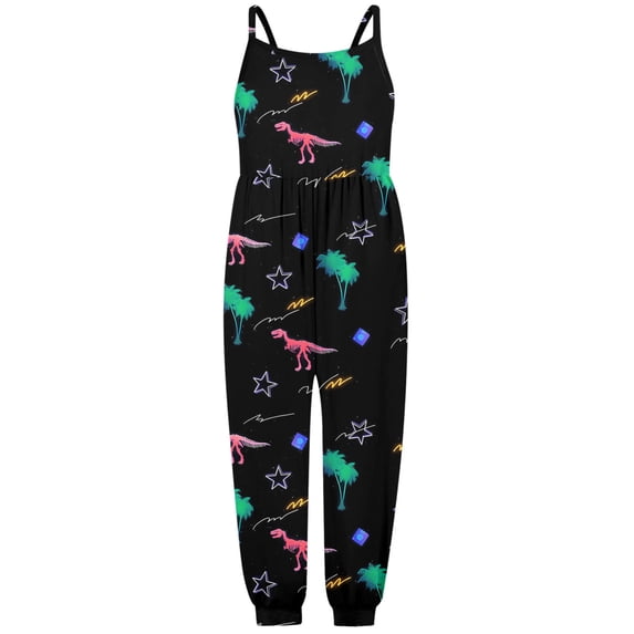 Gbsyewxs Girls Jumpsuit Strappy Sleeveless Dinosaur Print Casual Summer Toddler Onesie Black Size 3-4 Years