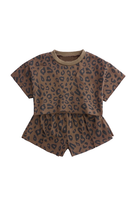 Girls Outfit Set 2 Piece Crew Neck Short Sleeve Leopard Print Tops And Shorts Set Casual Summer Girls Clothes Coffee Size 12-18 Months