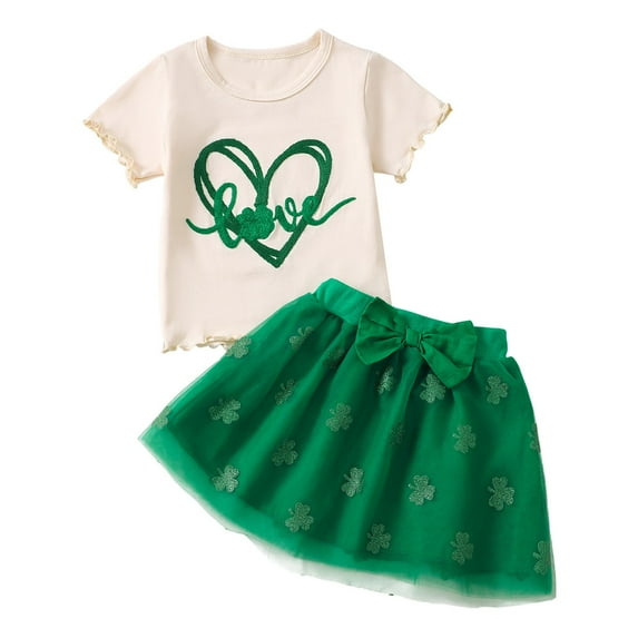 Gbsyewxs Girls Outfit Set 2 Piece Crew Neck Short Sleeve Letter Heart Floral Print Tops And Skirts Set Casual Summer Girls Clothes Beige Size 6-9 Months