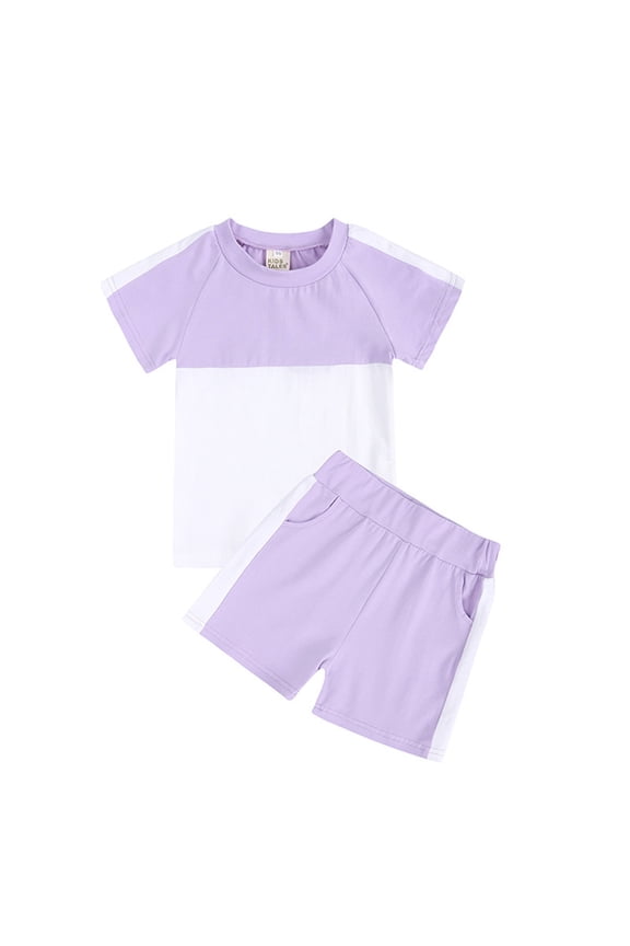 Girls Outfit Set 2 Piece Crew Neck Short Sleeve Patchwork Tops And Shorts Set Breathable Sprotswear Summer Girls Clothes Purple Size 7-8 Years