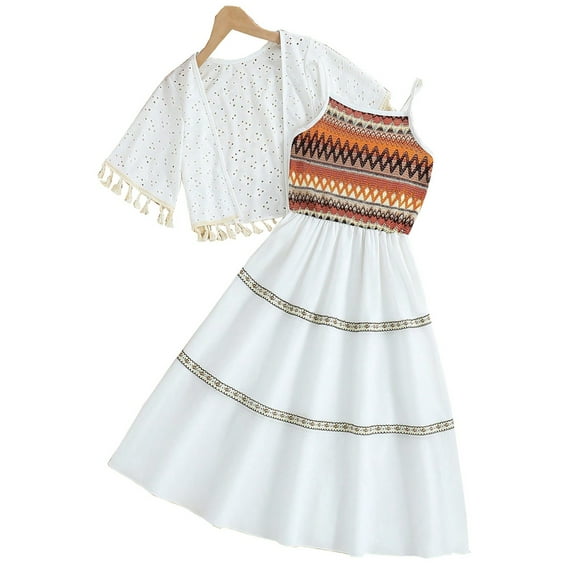 Gbsyewxs Girls Outfit Set 2 Piece Crew Neck Short Sleeve Polka Dot Print Tassel Tops And Midi Skirts Set Casual Girls Clothes White Size 9-10 Years