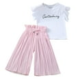 thumbnail image 1 of Gbsyewxs Girls Outfit Set 2 Piece Flutter Sleeve Crew Neck Letter Print Tops And Flared Ruffle Pants Set Loose Summer Girls Clothes Pink Size 10-12 Years, 1 of 6