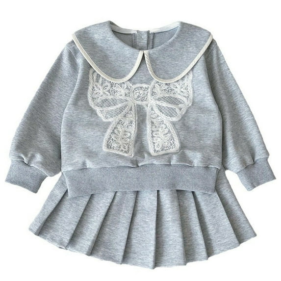 Gbsyewxs Girls Outfit Set 2 Piece Lapel Long Sleeve Tops And Pleated Skirt Set With Bow Embroidery Soft Summer Girls Clothes Grey Size 3-4 Years