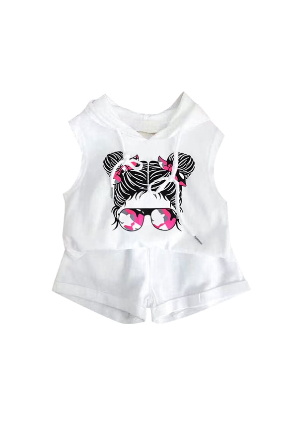 Girls Outfit Set 2 Piece Sleeveless Crew Neck Print Tops And Shorts Set Casual Summer Girls Clothes Pink Size 7-8 Years