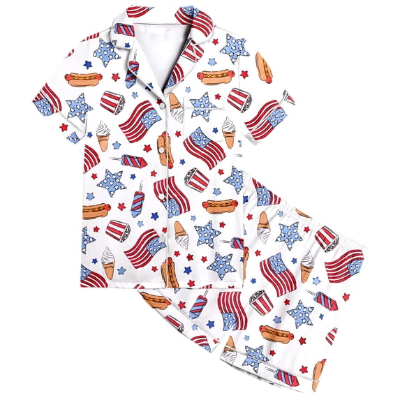 Gbsyewxs Girls Outfit Set Lapel Short Sleeve Independence Day Print Tops And Shorts Set 2 Piece Sleepwear Summer Girls Clothes White Size 10-11 Years