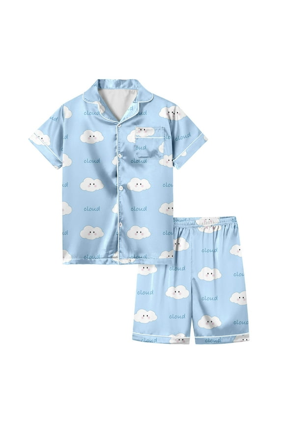 Girls Outfit Set Lapel Short Sleeve Letter Cloud Print Tops And Shorts Set 2 Piece Sleepwear Summer Girls Clothes Light Blue Size 12-13 Years