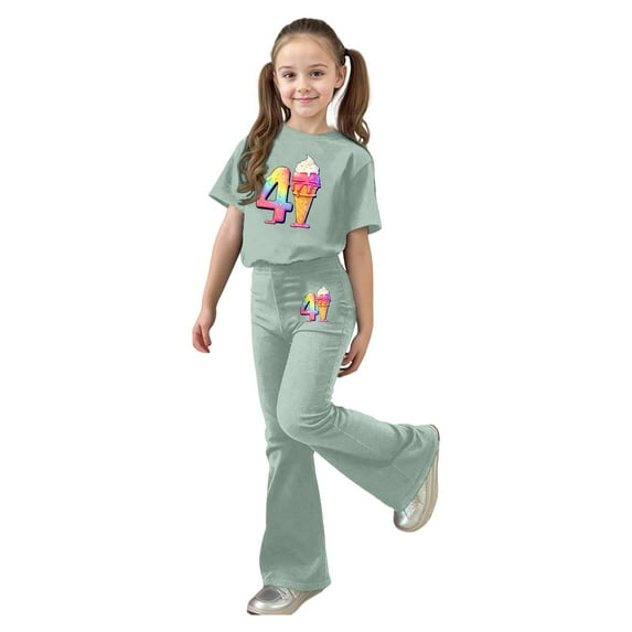 Gbsyewxs Girls Outfit Set Short Sleeve Crew Neck Cartoon Number Print Tops And Flared Pants Set 2 Piece Casual Summer Girls Clothes Light Green Size 7-8 Years