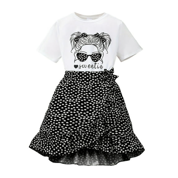 Gbsyewxs Girls Outfits 2 Piece Crew Neck Short Sleeve Cartoon Print Tops And Hand Painted Star Print Skirts Set Casual Summer Girls Clothes Set Black Size 9-10 Years