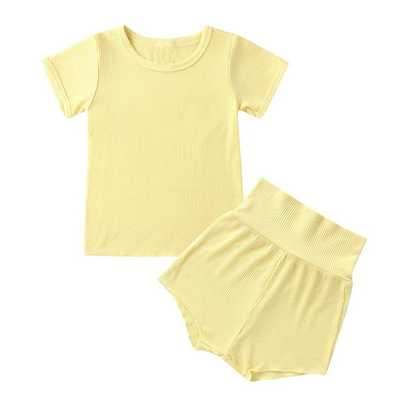 Gbsyewxs Girls Outfits 2 Piece Crew Neck Short Sleeve Solid Color Tops And High Waist Skirt Set Casual Summer Girls Clothes Set Yellow Size 18-24 Months