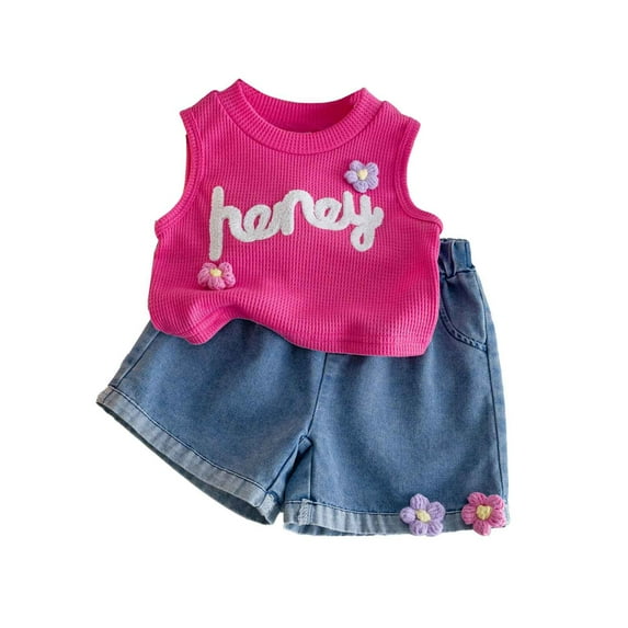 Gbsyewxs Girls Outfits 2 Piece Crew Neck Sleeveless Letter Print Tops And Elastic Waist Shorts Set Casual Summer Girls Clothes Set Pink Size 3-4 Years