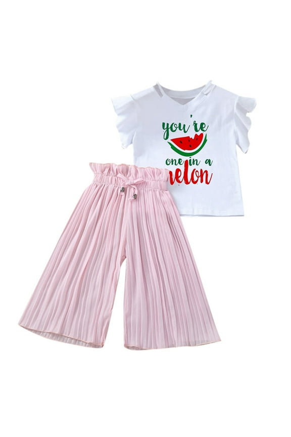 Girls Outfits 2 Piece Flutter Sleeve Crew Neck Letter Watermelon Print Tops And Flared Ruffle Pants Set Loose Summer Girls Clothes Set Pink Size 10-12 Years