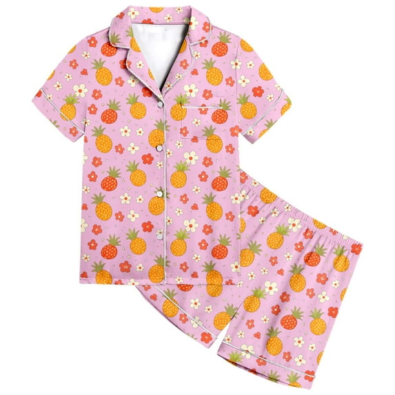 Gbsyewxs Girls Outfits 2 Piece Lapel Short Sleeve Floral Fruits Print Tops And Shorts Set Homewear Summer Girls Clothes Set Pink Size 4-5 Years